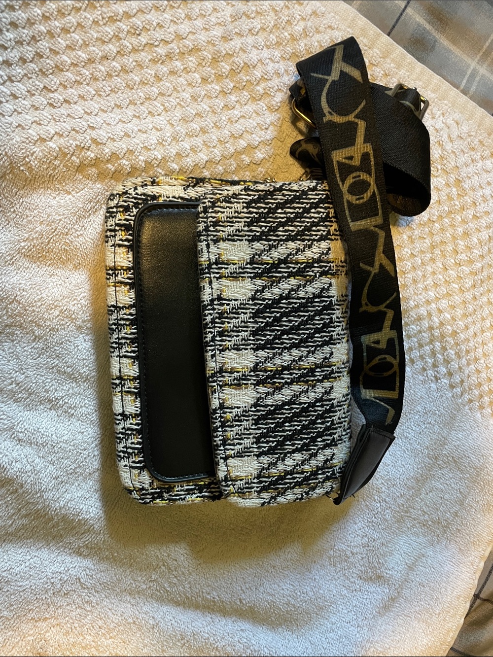 Tweed Crossbody Bag with Black Accent and Patterned Strap